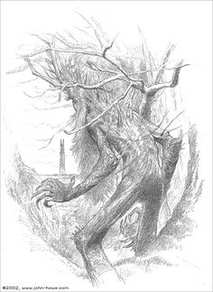 a black and white drawing of a man in the woods holding onto a tree branch