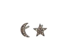 Oxidized sterling silver pave white diamond crescent moon and star studs Star approximately 5.5 x 5.5mm Crescent moon approximately 6 x 2mm Silver Star-shaped Jewelry With Single Cut Diamonds, Moon Shaped Sterling Silver Jewelry With Diamond Accents, Celestial Diamond Silver Earrings, Silver Half Moon Diamond Jewelry, Silver Moon Shaped Diamond Jewelry, Silver Diamond Moon-shaped Jewelry, Silver Moon-shaped Diamond Jewelry, Sterling Silver Crescent Jewelry With Diamond Accents, Silver Crescent Jewelry With Cubic Zirconia