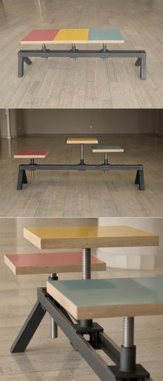 four different tables with benches on them in various colors and sizes, all sitting side by side