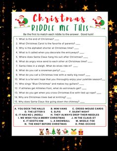 a christmas riddle game with the words,'christmas riddle me this'in red and green