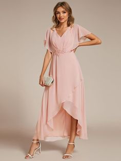 Elegant Chiffon High-low Hem Dress, Chic Asymmetrical Flowy Dress With High-low Hem, Chic High-low Hem Asymmetrical Evening Dress, Pink Chiffon Midi-length Maxi Dress, Black Asymmetrical High-low Hem Dress For Evening, A Line Evening Dress, Dress With Short Sleeves, Plus Size Gowns, Target Clothes