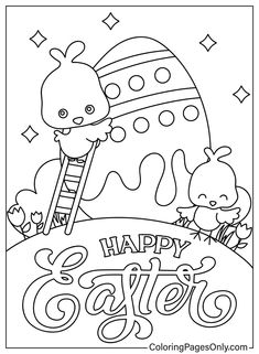 happy easter coloring page with an egg and bunny on the hill, in black and white