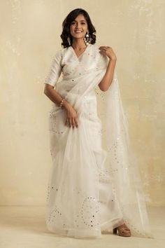 Shop for Charkhee White Organza Embroidered Saree With Blouse for Women Online at Aza Fashions Organza Saree Blouse Designs Latest, White Embroidered Saree, Organza Saree Blouse Designs, White Saree Blouse, Kerala Saree Blouse, Kerala Saree Blouse Designs, Saree Organza, White Embroidered Blouse, Saree Blouse Styles