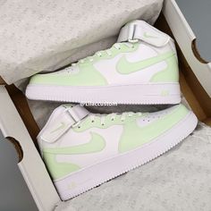 Experience the ultimate combination of style and comfort with our Nike Air Force 1 Light Green Custom. Crafted with precision and expertise, our custom design features a light green colorway that will elevate any outfit. Embrace the iconic Nike brand while feeling light on your feet. ★ Brand new with box ★ Each pair is unique and one of a kind ★ Each pair is personally handmade, painted with high quality Angelus. ★ Leather acrylic paint. Topped with a clear coat for extra protection. ★ Available Nike Air Force 1 Green, Custom Air Force 1, Cute Nike Shoes, Nike Brand, Cute Nikes, Custom Nikes, Custom Sneakers, Clear Coat, Nike Air Force 1