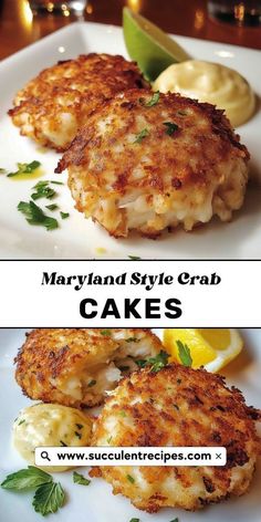 two pictures of crab cakes on a plate with lemon wedges and garnishes