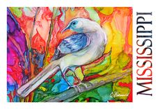 a painting of a bird sitting on a tree branch