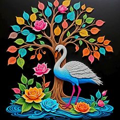 a painting of a flamingo standing in the water next to a tree with flowers