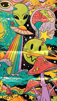 an alien painting on the back of a skateboard with stars and planets around it