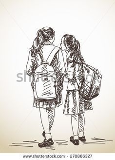 two girls are standing back to back and looking at each other with backpacks on their backs