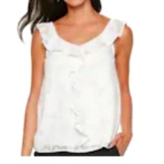 Dress This Blouse Up Or Down. White Sleeveless Blouse With Ruffle Front. Great For Spring, Summer, Vacation, Etc. Casual Ruffled Camisole Blouse, White Feminine Ruffled Camisole, White Feminine Tank Top With Ruffled Straps, White Feminine Camisole With Ruffles, Spring Sleeveless Ruffled Camisole, Spring Sleeveless Camisole With Ruffles, White Ruffled Camisole For Spring, Summer Ruffled Tank Camisole, White V-neck Camisole With Ruffles