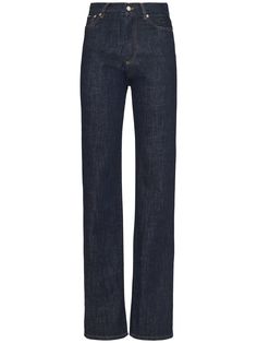 Front button and concealed zip closure. Belt loops. Back embroidered logo. Five pockets. Model is wearing a size40 Luxury Straight Leg Jeans With Belt Loops, Luxury Straight Leg Jeans For Spring, Luxury Fitted Denim Bottoms, Designer Fitted Straight Leg Jeans, Designer Fitted Cotton Jeans, Elegant Straight Leg Jeans With Button Closure, Classic Fitted Jeans With Patch Pockets, Designer Denim Blue Bottoms, Formal Straight Leg Denim Jeans