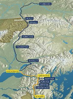 a map showing the location of several different areas in alaska, including mountains and lakes