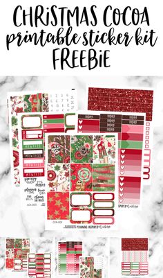 the christmas cocoa printable sticker kit is shown in red, green and white