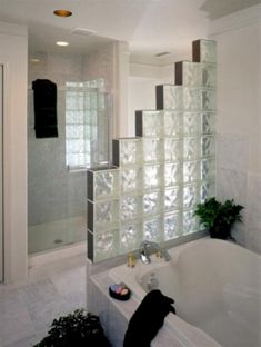 a white bath tub sitting next to a walk in shower and a plant on top of it