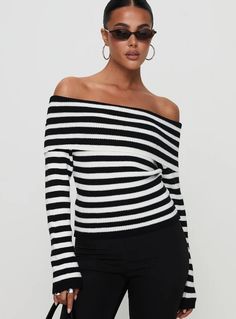 Danyel Off The Shoulder Sweater Black / White Stripe Off The Shoulder Sweater, Long Sleeve Knit Tops, Sweater Black, Shoulder Sweater, Princess Polly, Stripe Sweater, Stripe Print, Long Tops, Black Sweaters