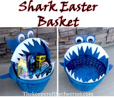 two baskets that have been decorated to look like monsters