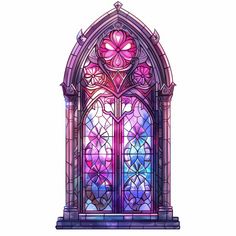 a stained glass window with pink and blue flowers on the front, surrounded by arches