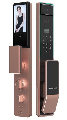 the smart door lock is open and has an image of a woman's dress on it