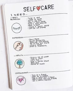 an open notebook with the words self care written in different languages and pictures on it