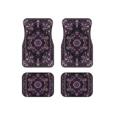 four pieces of purple and black carpeted flooring with an intricate design on it