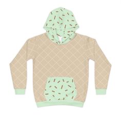 "Mint To Be Hoodie Mint Chocolate Chip Ice Cream Cone Children's Hooded Sweatshirt Spring Winter Fall Cute Kid's Hoodie All Season Apparel  Add a fun festive hoodie to your child's wardrobe with this sweet item! Cozy and cute, and decorated with mint chocolate chip ice cream & a plaid waffle cone pattern, this hooded jacket is an adorable wardrobe addition for cooler weather at any time of year!  .: Material: 95% recycled polyester, 5% spandex. .: Medium fabric (7.5 oz /yd² (250 g/m. .: Custom w Cream Hoodie With Kangaroo Pocket For Loungewear, Cream Hoodie Sweatshirt With Drawstring Hood, Cream Hooded Fleece Sweatshirt, Green Hooded Loungewear Hoodie, Cream Hoodie Sweatshirt With Adjustable Hood, Cream Hooded Sweatshirt With Drawstring, Cream Hoodie With Drawstring Hood, Green Hoodie With Adjustable Hood For Loungewear, Cream Hoodie With Kangaroo Pocket For Winter