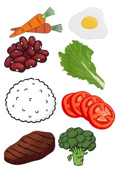 an image of food that includes broccoli, carrots, tomatoes and eggs