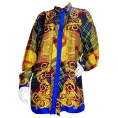 Designer Multicolor Long Sleeve Shirt, Designer Multicolor Graphic Print Blouse, Designer Multicolor Button-up Tops, Designer Multicolor Fall Shirt, Moschino Heels, Cuffs Shirt, Silk Button Down Shirt, Metallic Mesh, Versace Shoes