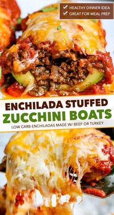 an enchilada stuffed zucchini boats with meat and cheese on top