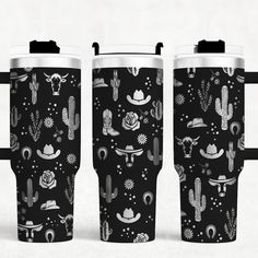 two travel mugs with black and white designs on them, one has a cowboy theme