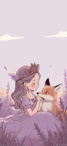 a woman in a purple dress is hugging a fox with her face close to the ground