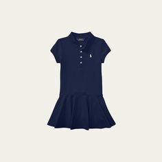 Ralph Lauren Childrenswear knit polo dress with signature embroidered pony at chest. Spread collar; four-button front. Short sleeves. Ribbed trim. Dropped waist. Fit-and-flare silhouette. Slipover style. Cotton/spandex. Machine wash. Imported. Classic Fitted Polo Dress, Classic Short Sleeve Polo Dress, Fitted Collared Polo Dress In Preppy Style, Fitted Collared Preppy Polo Dress, Blue Fitted Polo Dress With Short Sleeves, Casual Fitted Blue Polo Dress, Fitted Casual Polo Dress With Polo Collar, Classic Fitted Collared Polo Dress, Fitted Collared Polo Dress Classic Style