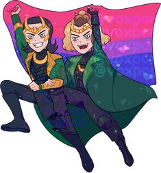 two people dressed as loki and loki in front of a rainbow background with the word love on