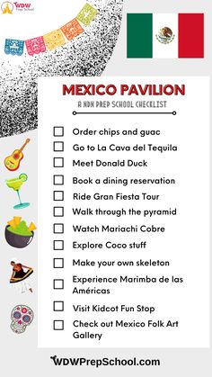 the mexico pavilion checklist is shown in red, white and green with an image of a