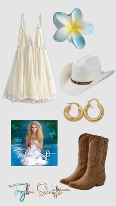 a woman's clothing and accessories including cowboy boots, hat, dress, ring, earrings, bracelets