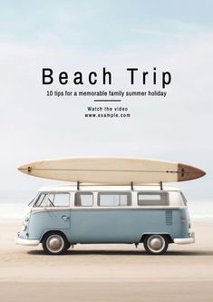 an old vw bus is parked on the beach with a surfboard strapped to it