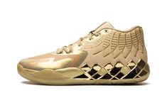 The Puma MB. 01 "Golden Child" is a flashy, gold-based colorway of LaMelo Ball’s first signature shoe.  From the Puma MB “Rare Reserve” collection, the Puma MB. 01 “Golden Child” was originally made exclusively for Ball to wear in the NBA before it received a retail release.  The shoe features a breathable mesh construction in metallic gold.  Ball’s signature “1 of 1” branding is seen on the forefoot and a “wings” motif appears on the collar.  Underfoot, Puma’s NITRO FOAM cushioning in the midso Vb Shoes, Bball Shoes, Hoop Shoes, Gold Basketball Shoes, Mb 01, Puma Outfit, Best Basketball Shoes, Lamelo Ball, Shoes Sale