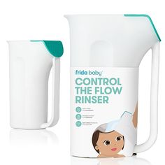 a white pitcher with a green lid and handle next to a cup that says, control the flow rinseer