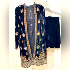 Beautiful Velvet Jacket With Tilla Work. Perfect For Winters! Festive Black Winter Blazer, Black Festive Winter Outerwear, Black Winter Festive Outerwear, Festive Black Long Sleeve Outerwear, Festive Black Winter Outerwear, Traditional Black Blazer For Winter, Traditional Black Winter Blazer, Black Festive Outerwear For Work, Traditional Black Outerwear For Work