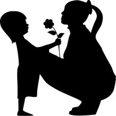 a silhouette of a boy kneeling down holding a flower