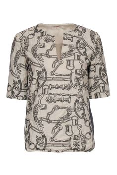 Current Boutique-Tory Burch - Beige & Grey Cotton Linen Embroidered Top w/ Metallic Contrast Sides Sz 4 Designer Embroidered Tops For Summer, Designer Embroidered Summer Tops, Chic Embroidered Linen Top, Spring Embroidered Gray Tops, Embroidery Metallic, Grey Embroidery, French Girl Chic, Unique Blouse, Chic Shop