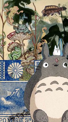 a drawing of a totoro sitting on top of a blue and white plate