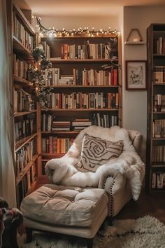 a living room with bookshelves full of books and a chair in the corner