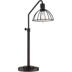 a black lamp with a caged light bulb on the top and an iron base