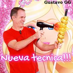 a man holding a blow dryer in front of a pink background with the words neva tecnica