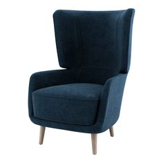 an upholstered blue chair with wooden legs and arm rests on a white background