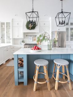 two stools sit at the center of a kitchen island