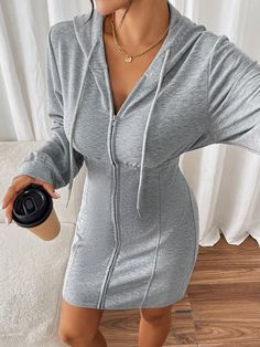 Women's Plain & Simple Daily Bodycon Casual Dress Grey Casual  Long Sleeve Fabric Plain Fitted Medium Stretch  Women Clothing, size features are:Bust: ,Length: ,Sleeve Length: Black Hoodie Dress, Bodycon Dress Casual, Bodycon Casual, Hooded Dress, Blazer And Shorts, Vestido Casual, Dress For Short Women, Casual Black, Inspiration Mode