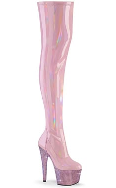 BEJEWELED-3000-7 Baby Pink Thigh-High Rhinestone Boots-Pleaser-Tragic Beautiful Pink Glitter Top, Stretch Thigh High Boots, Pink Platform Heels, Pleaser Heels, Light Aesthetic, Pink Platforms, Shoes Heels Classy, Pleaser Shoes, Fantastic Shoes