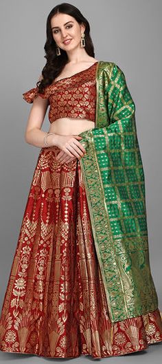 Red and Maroon color Lehenga in Jacquard fabric with Weaving work Festive Red Bandhani Print Lehenga, Red Dupatta With Zari Weaving For Reception, Red Brocade Sharara With Zari Work, Red Brocade Choli With Cutdana, Red Bandhani Print Banarasi Silk Sets, Red Banarasi Silk Set With Bandhani Print, Red Bandhani Print Choli For Wedding, Red Bandhani Print Lehenga For Traditional Ceremonies, Red Brocade Anarkali Set