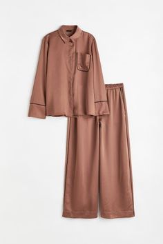 Satin Pajamas - Brown - Home All | H&M US 7 Satin Pyjamas, Satin Pyjama, Pyjama Satin, Kids Activewear, Wide Trousers, Maternity Swimwear, Satin Pajamas, Satin Shirt, Women Nightwear